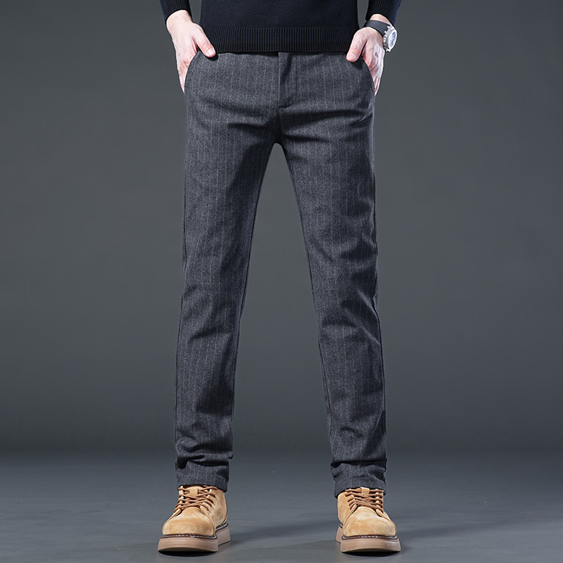 Pantaloni casual pentru bărbați din amestec de bumbac, croială dreaptă, talie medie, fermoar, fără cute