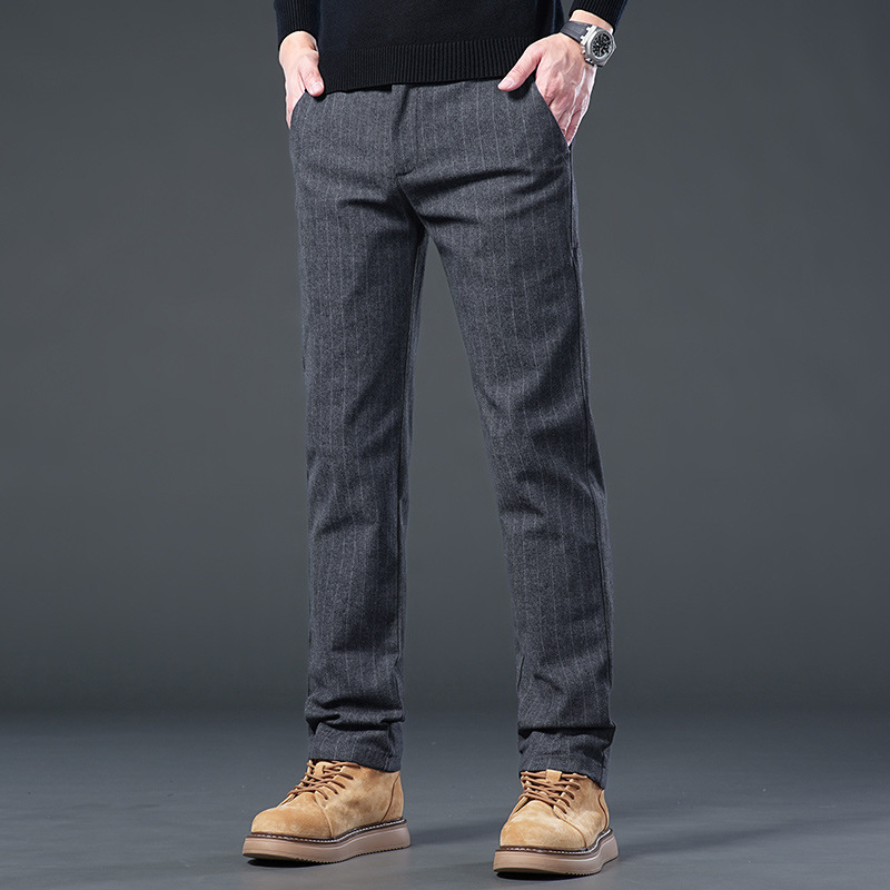 Pantaloni casual pentru bărbați din amestec de bumbac, croială dreaptă, talie medie, fermoar, fără cute