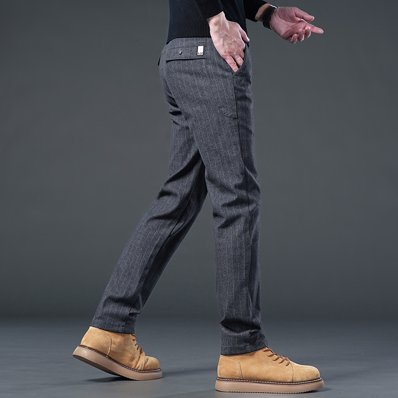 Pantaloni casual pentru bărbați din amestec de bumbac, croială dreaptă, talie medie, fermoar, fără cute