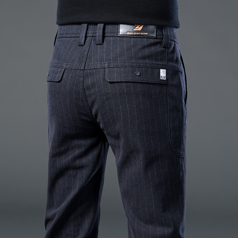 Pantaloni casual pentru bărbați din amestec de bumbac, croială dreaptă, talie medie, fermoar, fără cute