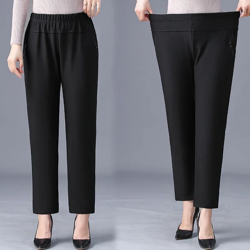 Pantaloni casual din lână, drepti, pentru femei, talie înaltă cu elastic