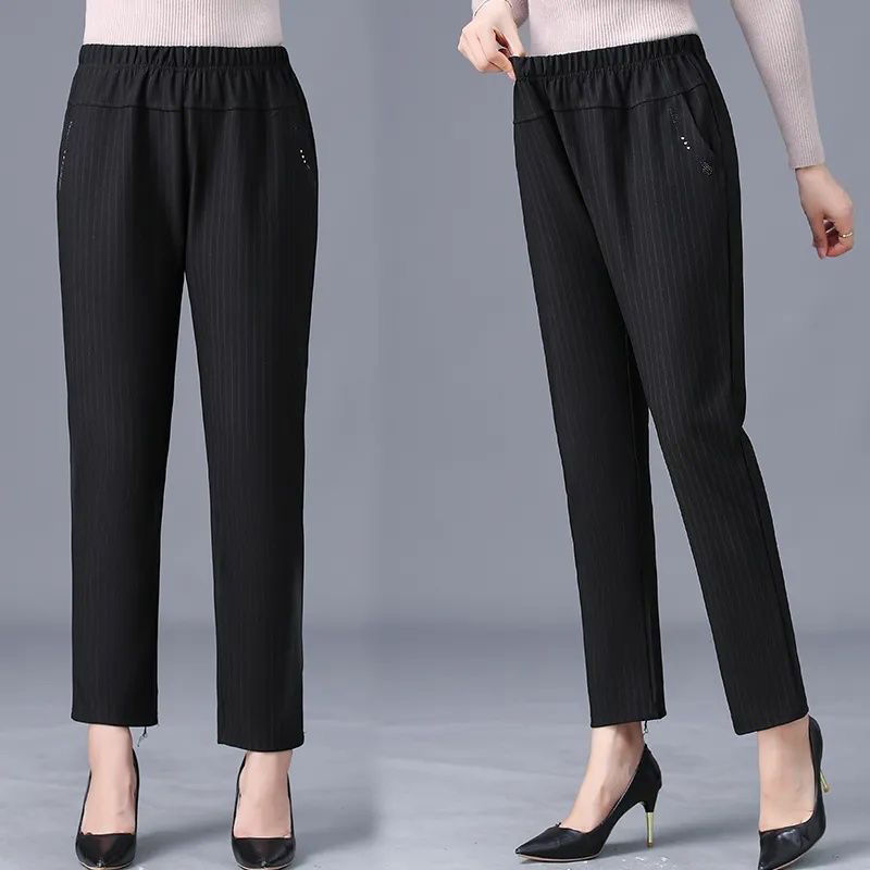 Pantaloni casual din lână, drepti, pentru femei, talie înaltă cu elastic