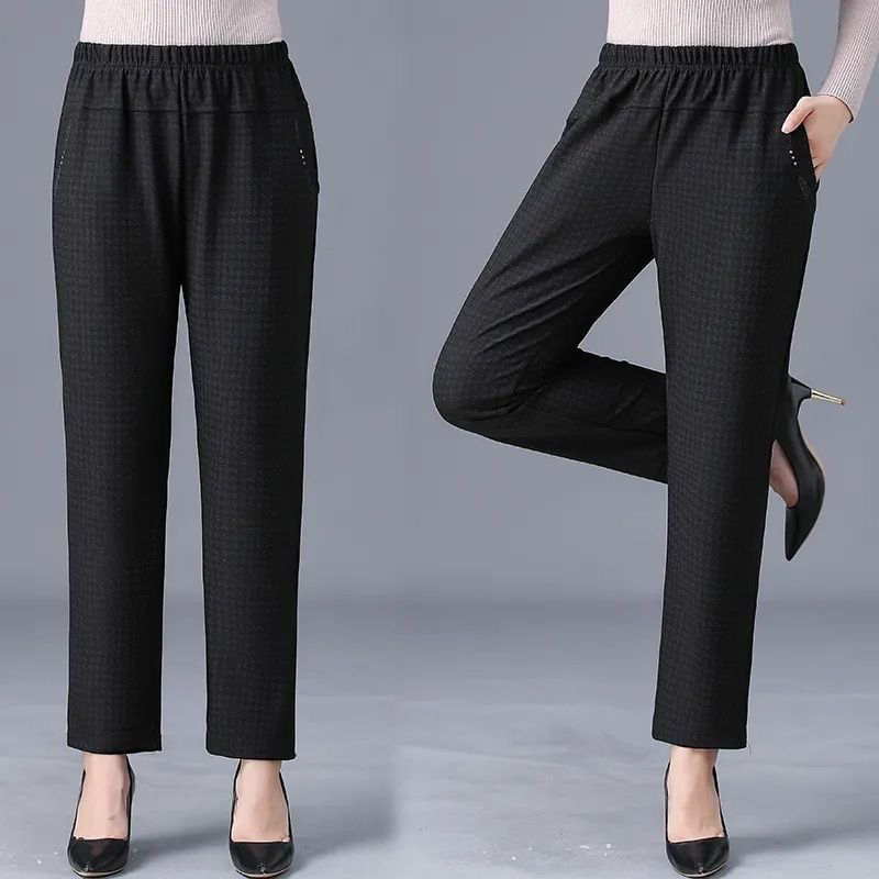 Pantaloni casual din lână, drepti, pentru femei, talie înaltă cu elastic