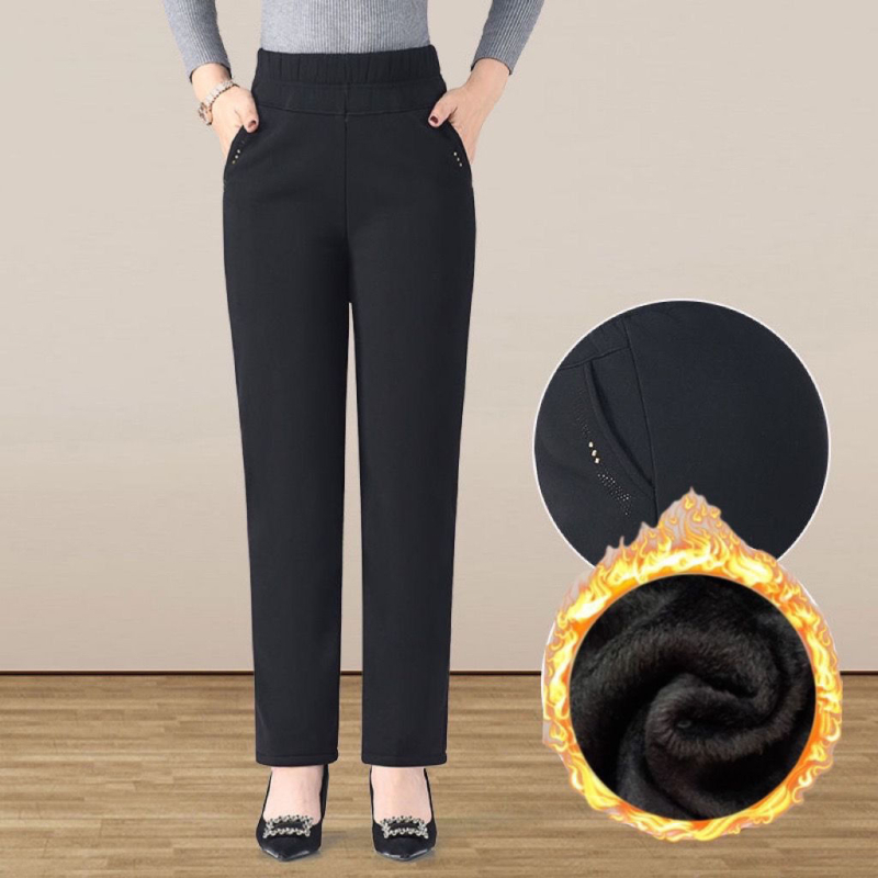 Pantaloni casual din lână, drepti, pentru femei, talie înaltă cu elastic