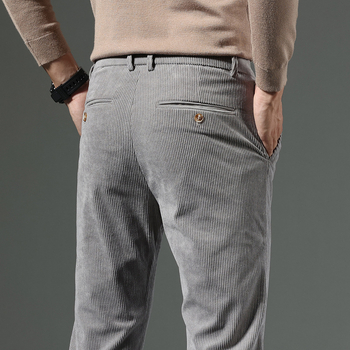 Corduroy zimske muške hlače – uski kroj (slim fit), ravne nogavice, srednji pojas, zatvarač, poslovni casual