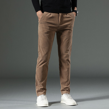 Corduroy zimske muške hlače – uski kroj (slim fit), ravne nogavice, srednji pojas, zatvarač, poslovni casual