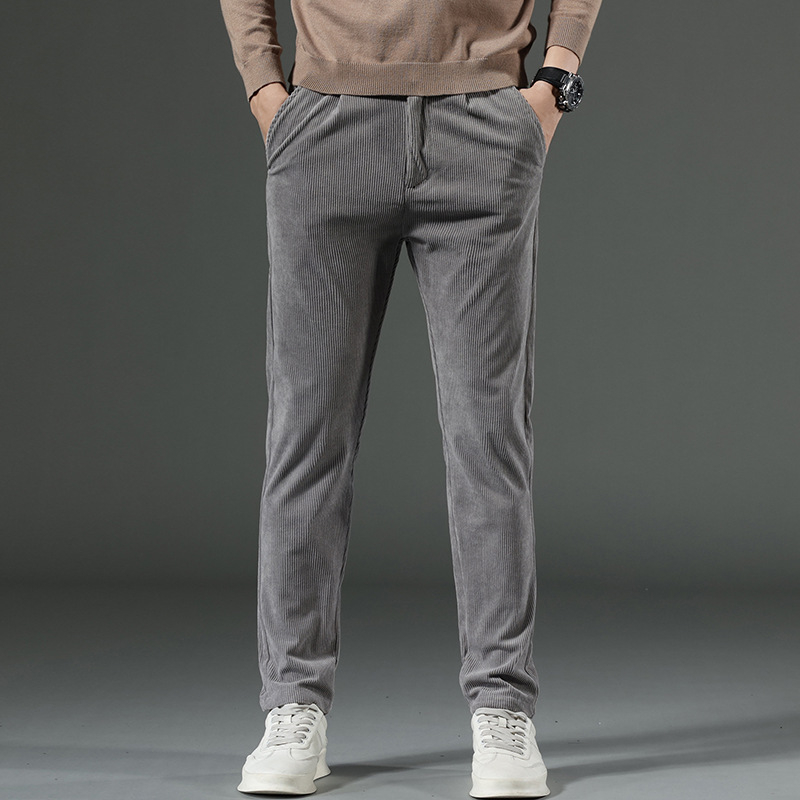 Corduroy zimske muške hlače – uski kroj (slim fit), ravne nogavice, srednji pojas, zatvarač, poslovni casual