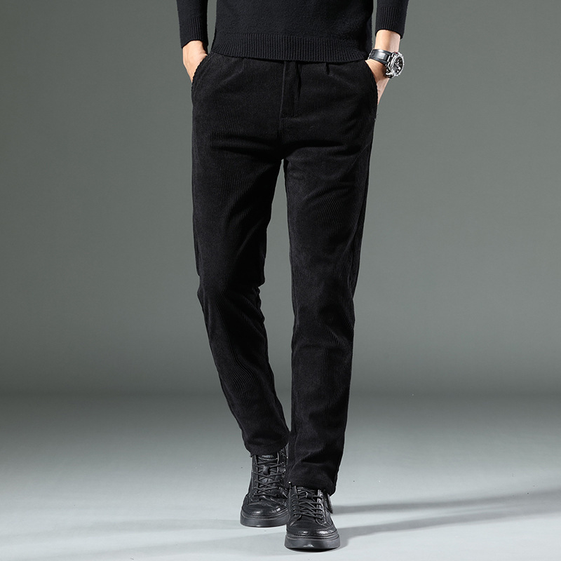 Corduroy zimske muške hlače – uski kroj (slim fit), ravne nogavice, srednji pojas, zatvarač, poslovni casual