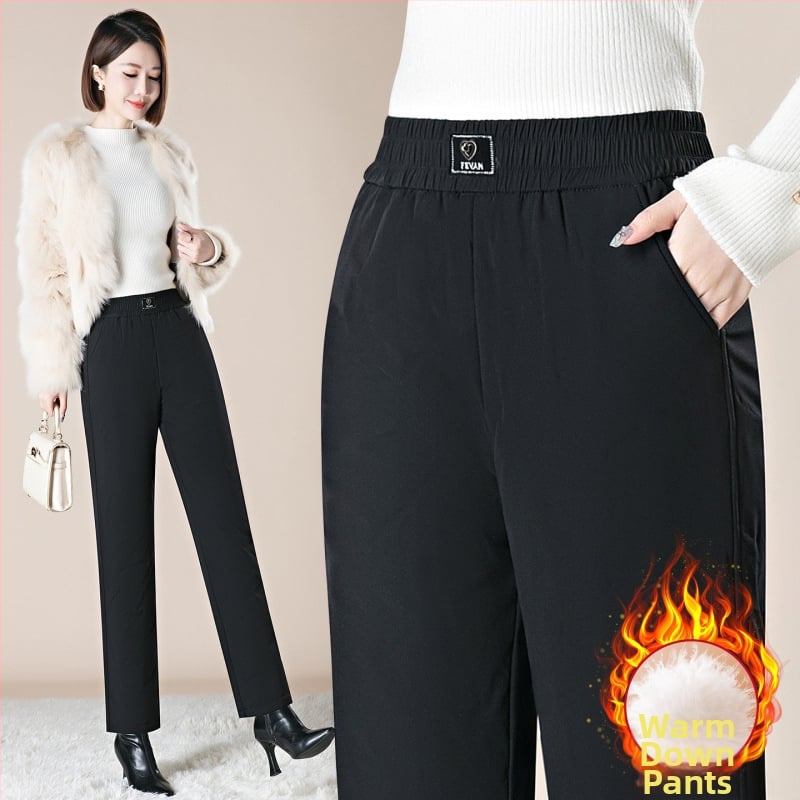 Дамски пухени панталони за зимен сезон 2025 г., полиестерова материя, елегантен градски стил, свободна кройка, плътни