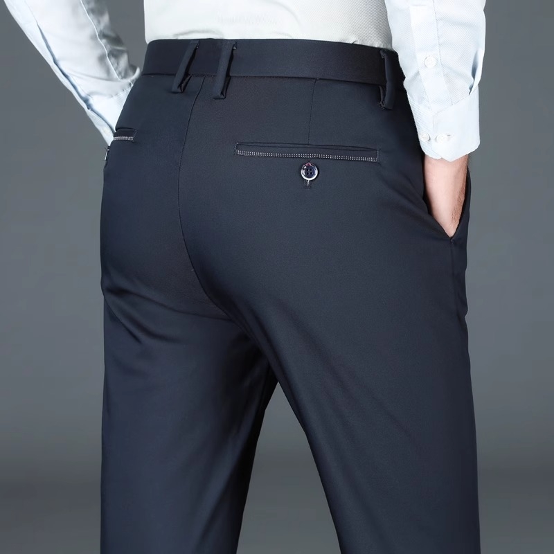 Pantaloni casual de afaceri pentru bărbați, drepti, talie medie, țesătură din fibre de bambus, fără călcare, închidere cu fermoar