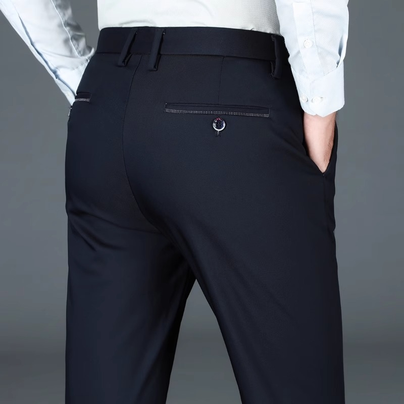 Pantaloni casual de afaceri pentru bărbați, drepti, talie medie, țesătură din fibre de bambus, fără călcare, închidere cu fermoar