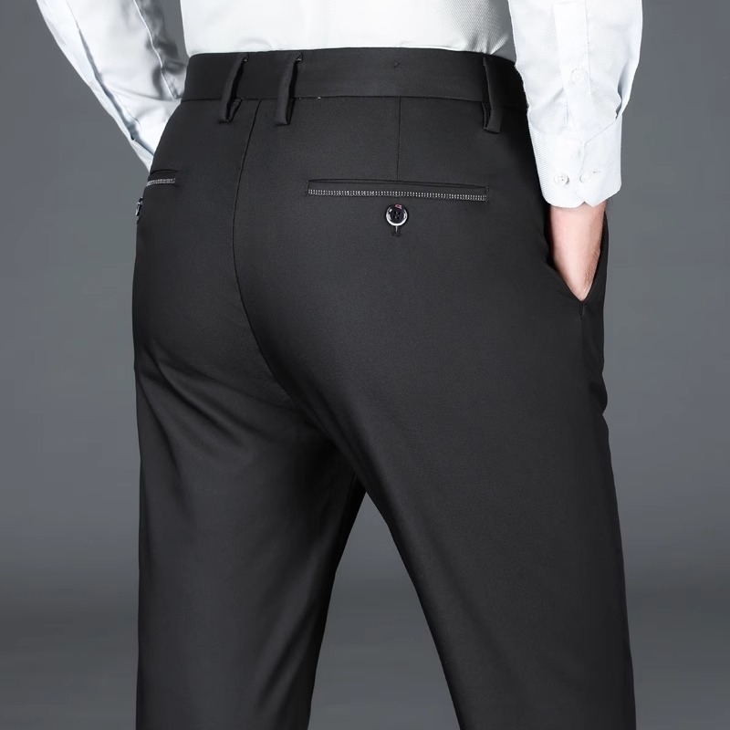 Pantaloni casual de afaceri pentru bărbați, drepti, talie medie, țesătură din fibre de bambus, fără călcare, închidere cu fermoar