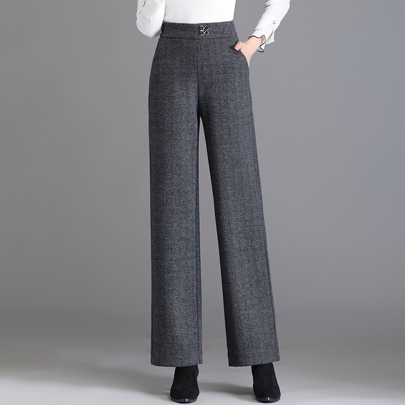 Pantaloni drepti pentru femei, din lână în amestec, talie înaltă, țesătură groasă, stil elegant pentru birou, microelasticitate, fără călcare