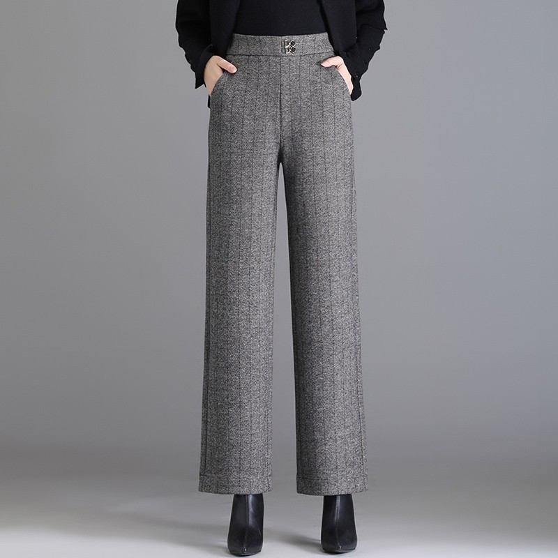 Pantaloni drepti pentru femei, din lână în amestec, talie înaltă, țesătură groasă, stil elegant pentru birou, microelasticitate, fără călcare