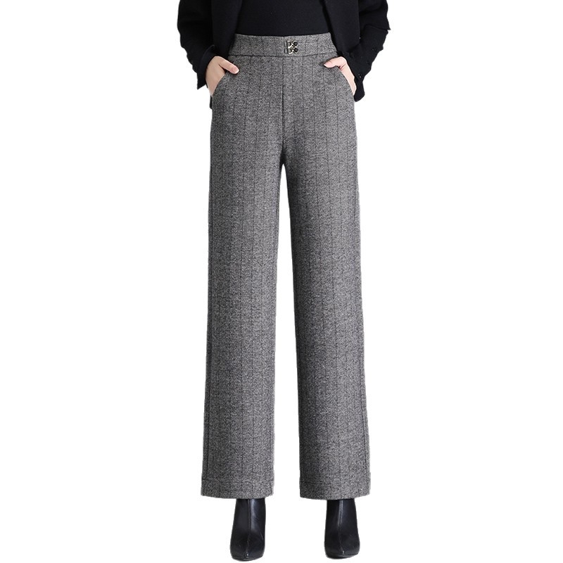 Pantaloni drepti pentru femei, din lână în amestec, talie înaltă, țesătură groasă, stil elegant pentru birou, microelasticitate, fără călcare