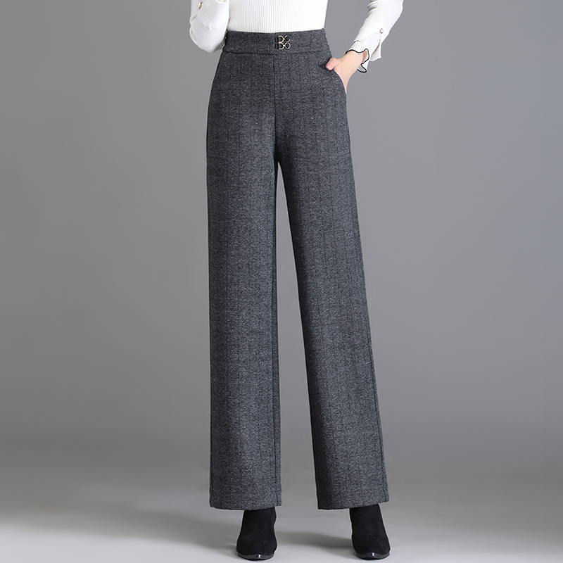 Pantaloni drepti pentru femei, din lână în amestec, talie înaltă, țesătură groasă, stil elegant pentru birou, microelasticitate, fără călcare