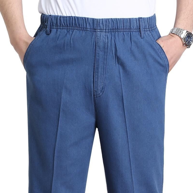 Voľné pánske džínové nohavice s vysokým pásom, rovný strih, zapínanie šnúrkou, denim/poliester látka