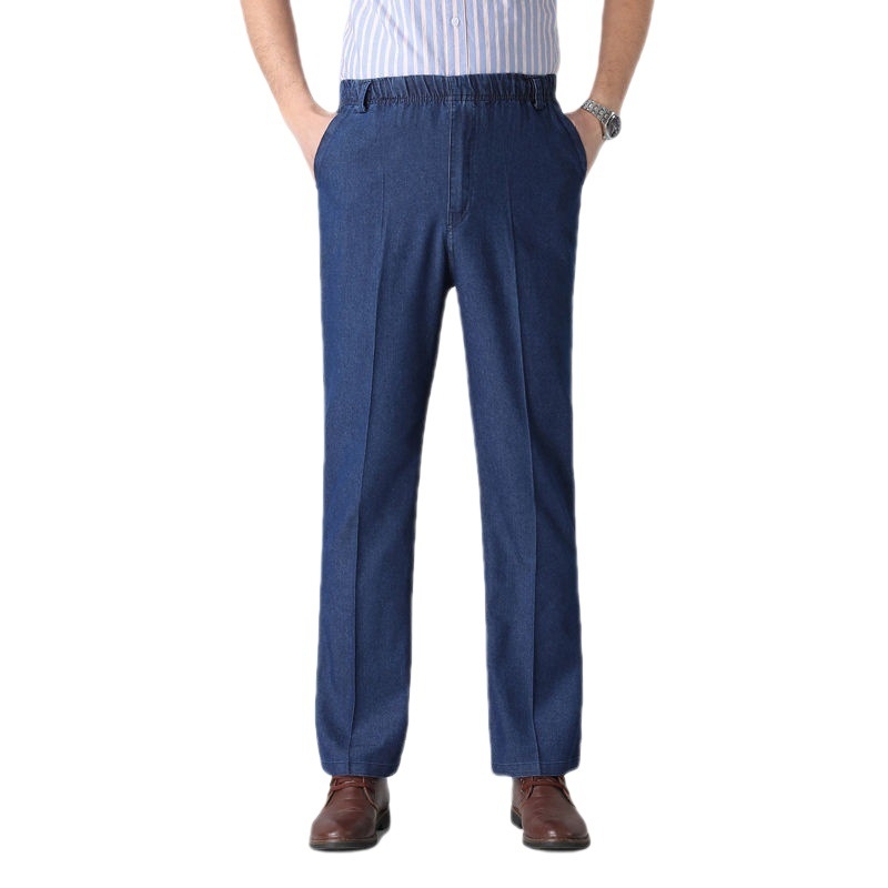 Voľné pánske džínové nohavice s vysokým pásom, rovný strih, zapínanie šnúrkou, denim/poliester látka