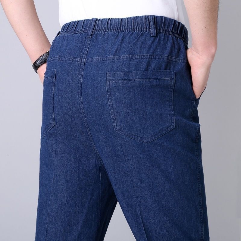 Voľné pánske džínové nohavice s vysokým pásom, rovný strih, zapínanie šnúrkou, denim/poliester látka