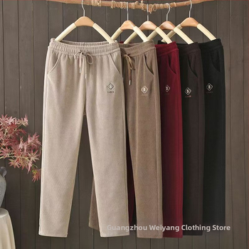 Moteriškos storos žiemos sportinės kelnės su aukštu juosmeniu, laisvas kirpimas, Kapok velūras, elastinės