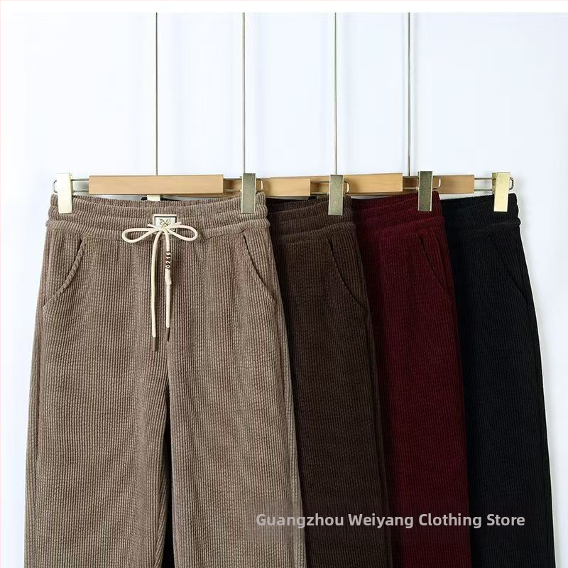 Moteriškos storos žiemos sportinės kelnės su aukštu juosmeniu, laisvas kirpimas, Kapok velūras, elastinės