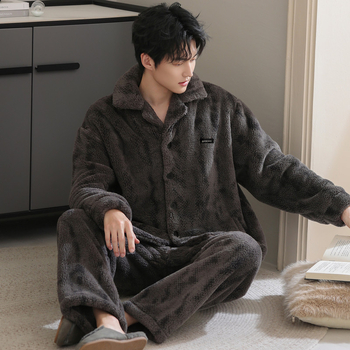 Férfi pizsama szett kardigánnal – korall fleece bélés, vastag flanel, poliester