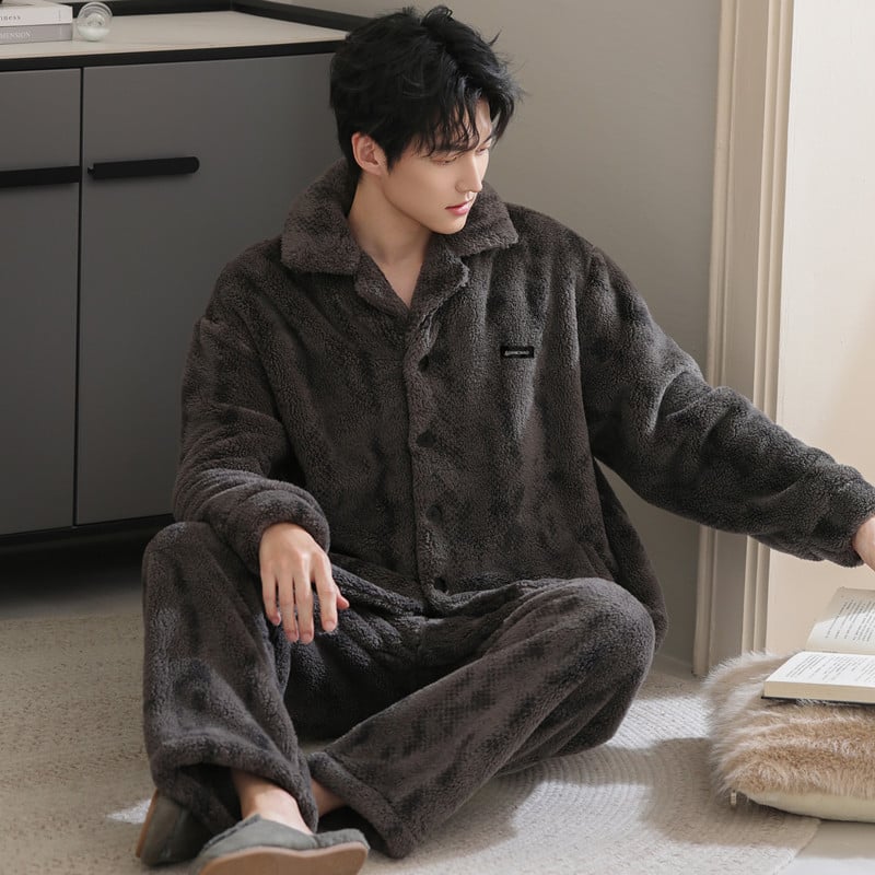 Férfi pizsama szett kardigánnal – korall fleece bélés, vastag flanel, poliester