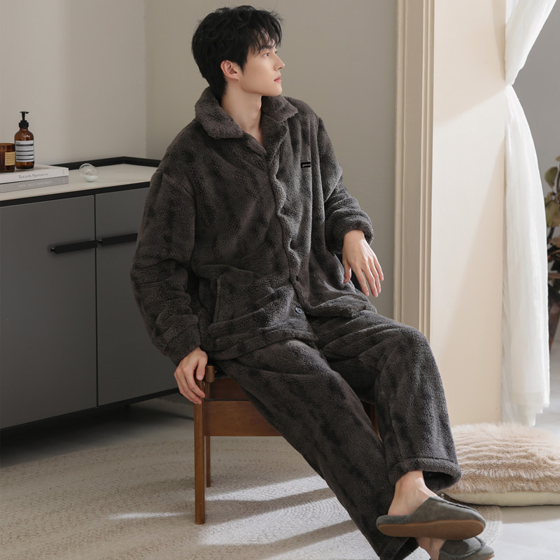 Férfi pizsama szett kardigánnal – korall fleece bélés, vastag flanel, poliester