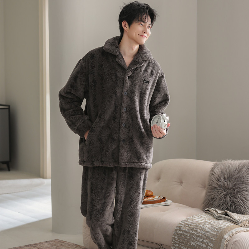 Férfi pizsama szett kardigánnal – korall fleece bélés, vastag flanel, poliester