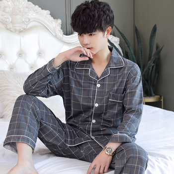Set pijama bărbați poliester-bumbac, mâneci lungi, pijama confortabil pentru iarnă, primăvară și toamnă, greutate 141–160 g/m2