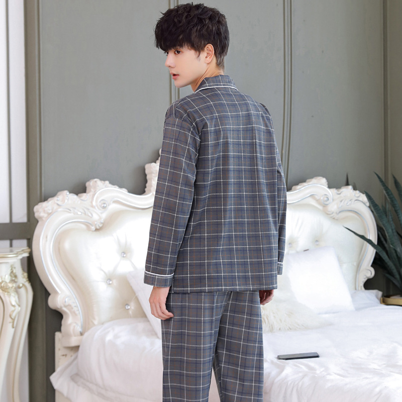 Set pijama bărbați poliester-bumbac, mâneci lungi, pijama confortabil pentru iarnă, primăvară și toamnă, greutate 141–160 g/m2