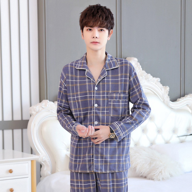 Set pijama bărbați poliester-bumbac, mâneci lungi, pijama confortabil pentru iarnă, primăvară și toamnă, greutate 141–160 g/m2