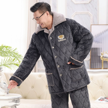 Flanel téli férfi otthoni ruhaszett, 90–95% pamut, vastag anyag, 181–200 g/m², rever gallér