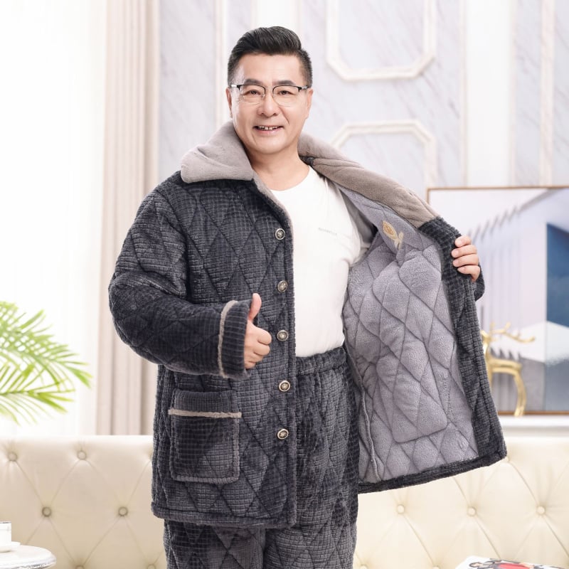 Flanel téli férfi otthoni ruhaszett, 90–95% pamut, vastag anyag, 181–200 g/m², rever gallér