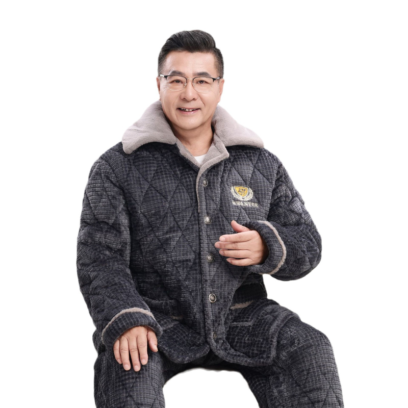 Flanel téli férfi otthoni ruhaszett, 90–95% pamut, vastag anyag, 181–200 g/m², rever gallér