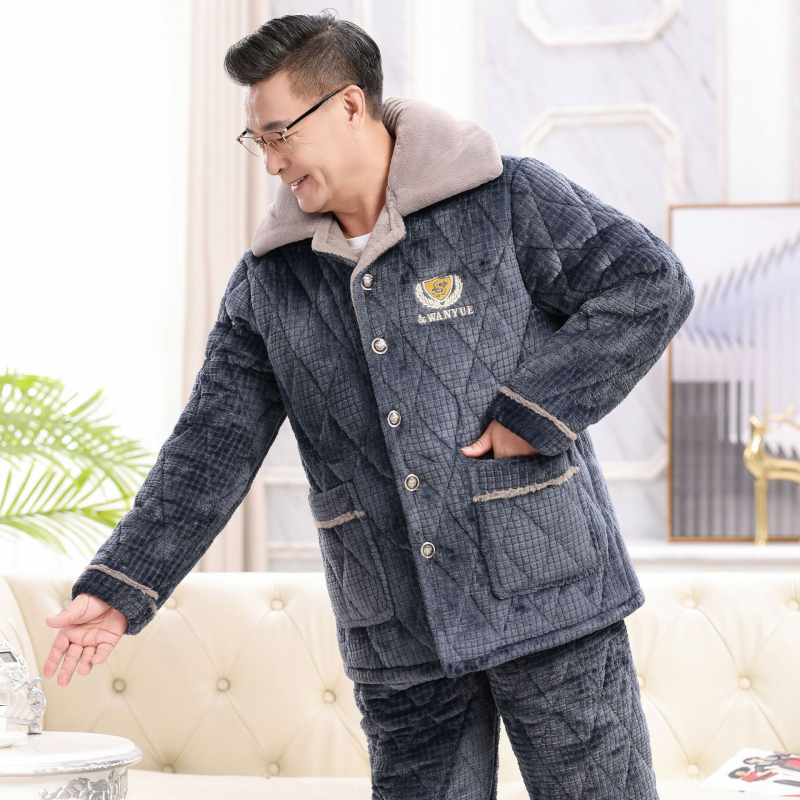 Flanel téli férfi otthoni ruhaszett, 90–95% pamut, vastag anyag, 181–200 g/m², rever gallér