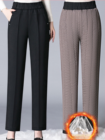 Pantaloni de iarnă pentru femei, talie înaltă, croială dreaptă, căptuțiți cu fleece, lungi, din viscoză, ușor elastici, fără cute