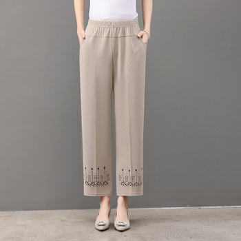 Pantaloni femei largi, croială drept, vară, poliester ușor, înaltă elasticitate, lungime trei sferturi