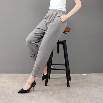 Pantaloni femei largi, croială drept, vară, poliester ușor, înaltă elasticitate, lungime trei sferturi