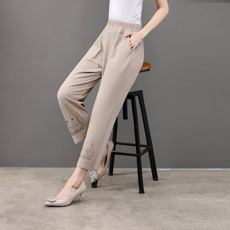 Pantaloni femei largi, croială drept, vară, poliester ușor, înaltă elasticitate, lungime trei sferturi