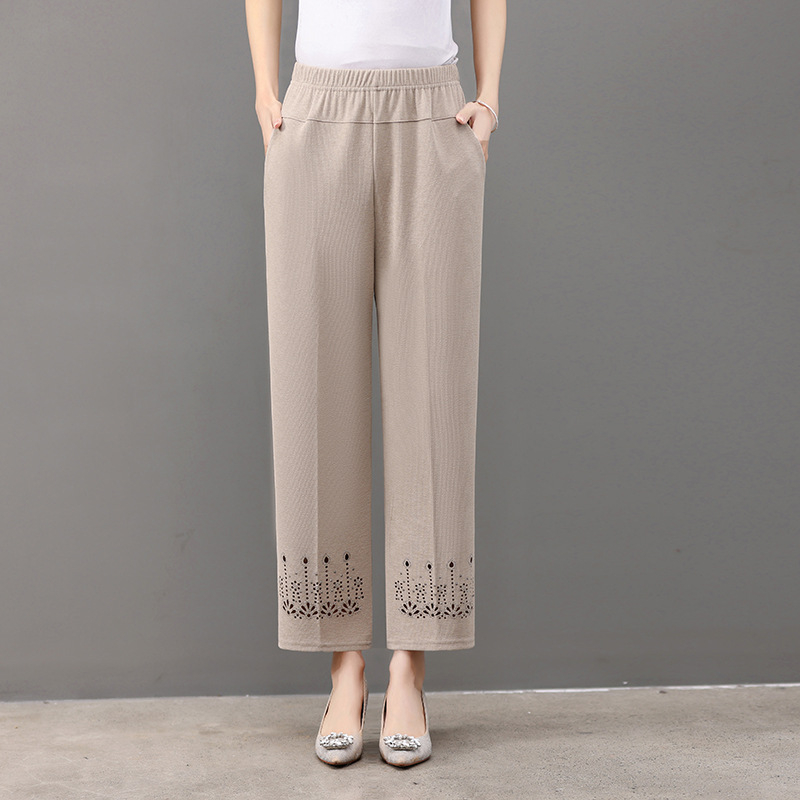 Pantaloni femei largi, croială drept, vară, poliester ușor, înaltă elasticitate, lungime trei sferturi