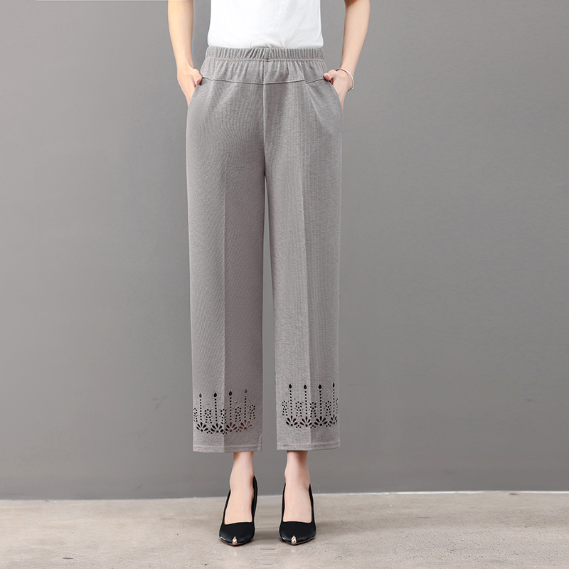 Pantaloni femei largi, croială drept, vară, poliester ușor, înaltă elasticitate, lungime trei sferturi