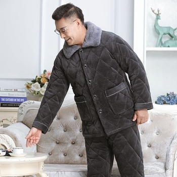 Férfi téli korall plüss pizsama – háromrétegű quiltelt, vastag, galléros, hosszú ujjú