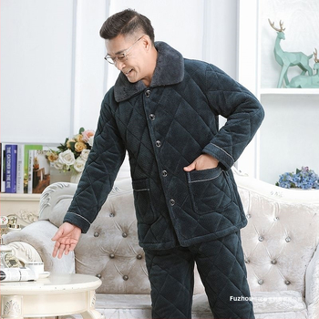 Férfi téli korall plüss pizsama – háromrétegű quiltelt, vastag, galléros, hosszú ujjú