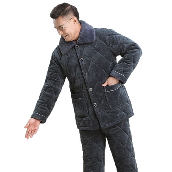Férfi téli korall plüss pizsama – háromrétegű quiltelt, vastag, galléros, hosszú ujjú