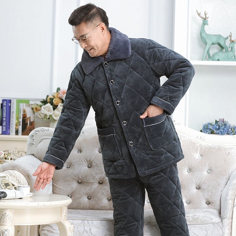 Férfi téli korall plüss pizsama – háromrétegű quiltelt, vastag, galléros, hosszú ujjú