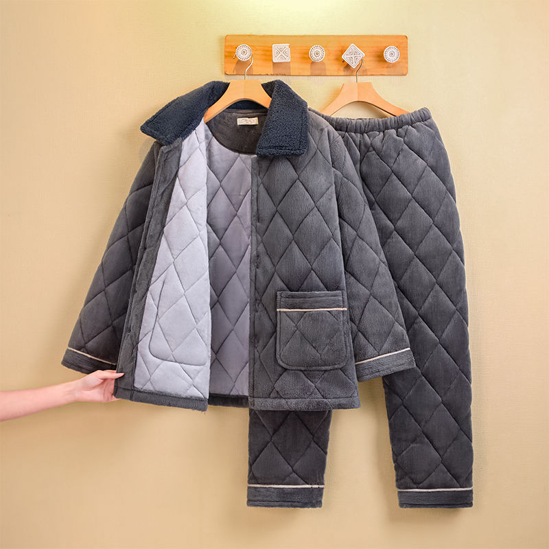 Férfi téli korall plüss pizsama – háromrétegű quiltelt, vastag, galléros, hosszú ujjú