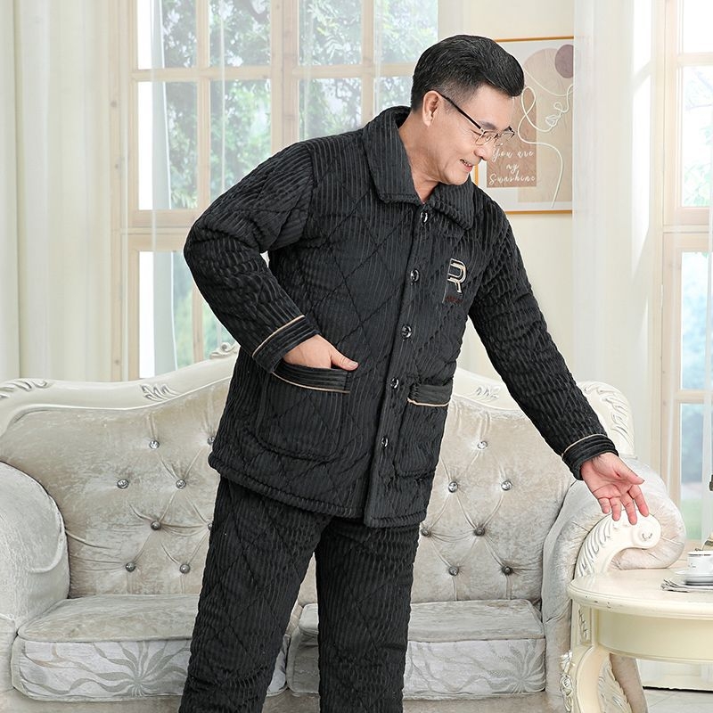 Férfi téli korall plüss pizsama – háromrétegű quiltelt, vastag, galléros, hosszú ujjú