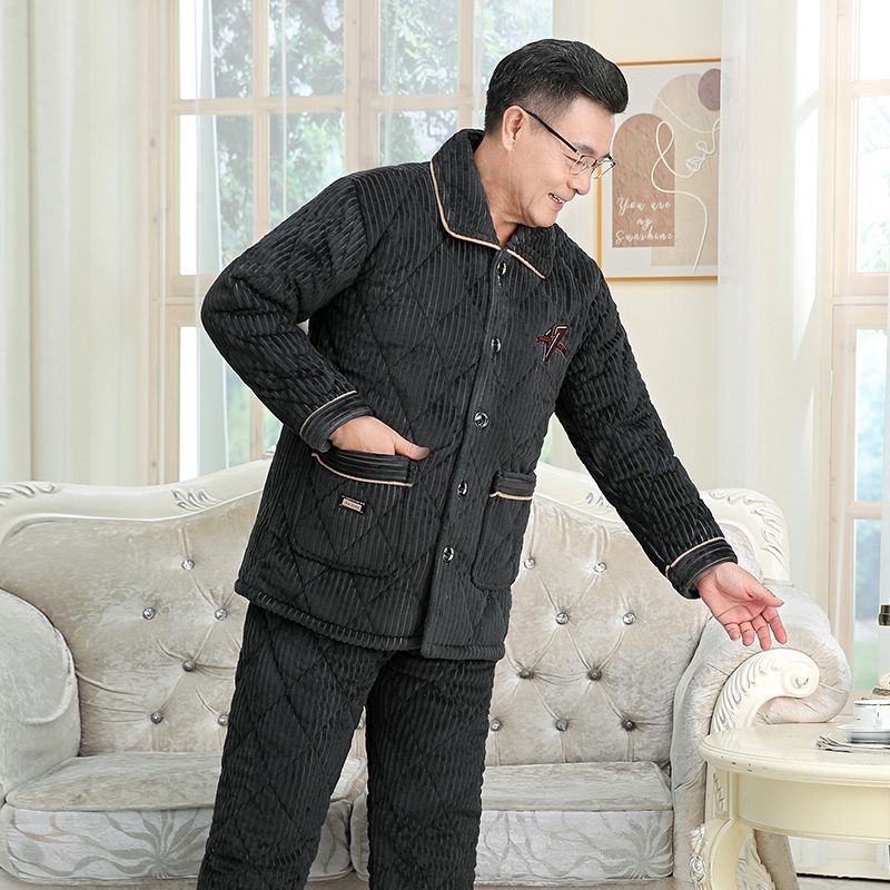 Férfi téli korall plüss pizsama – háromrétegű quiltelt, vastag, galléros, hosszú ujjú