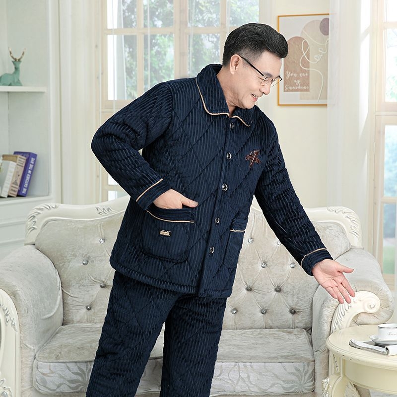 Férfi téli korall plüss pizsama – háromrétegű quiltelt, vastag, galléros, hosszú ujjú